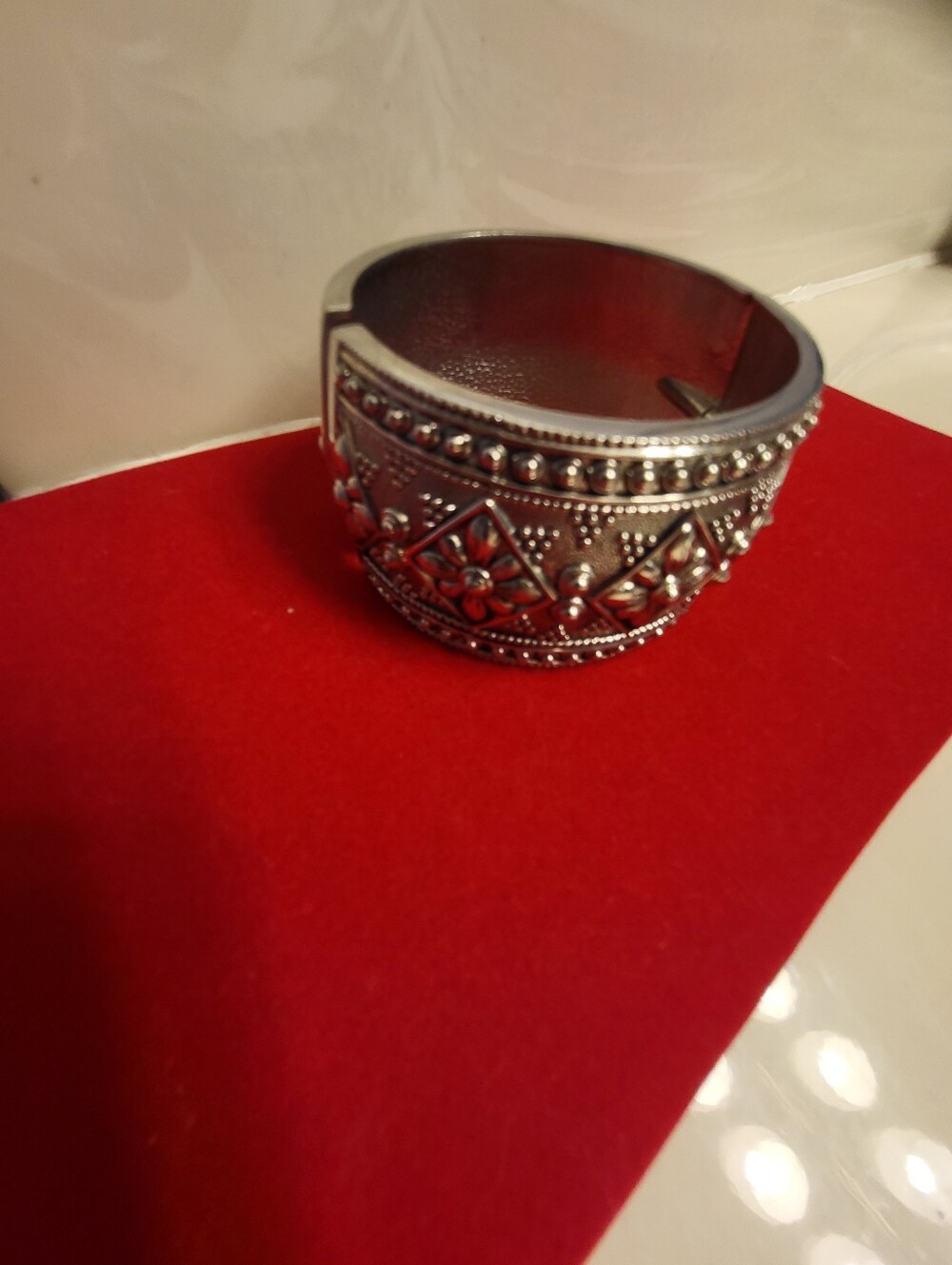 Wide Silver-Tone Floral Filigree Cuff Bracelet - Silver